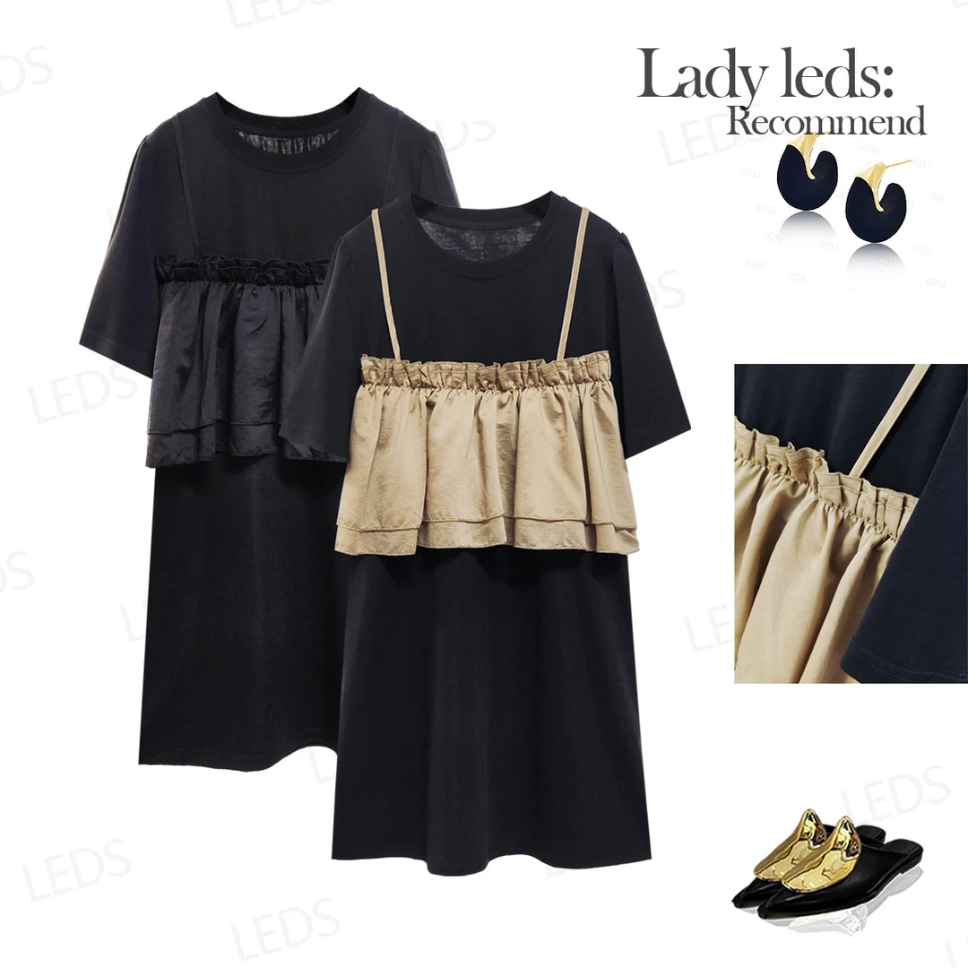 LEDS 88991夏季拼接圆领法式纯色套头显瘦减龄连衣裙