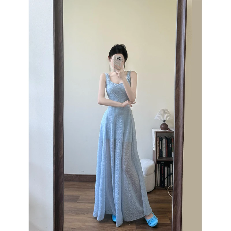 法式优雅提花蕾丝吊带背心连衣裙女夏季新款蓝色小众显瘦高腰长裙