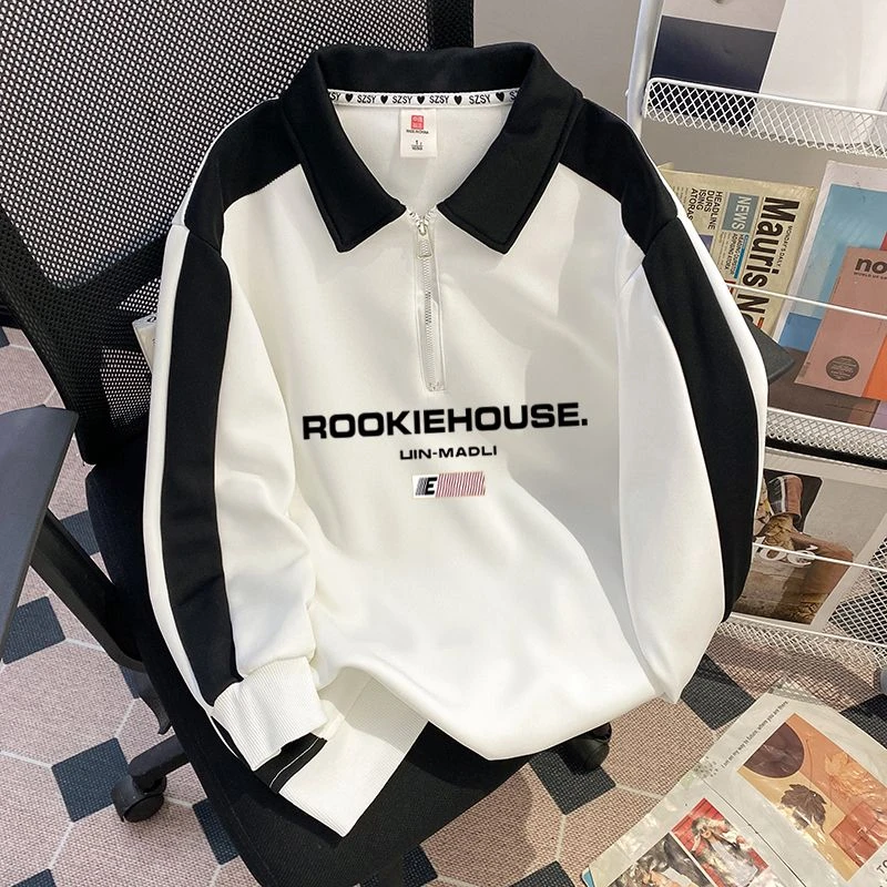 撞色亮面韩版Polo衫印花青春活力秋季潮流ins男士春秋长袖卫衣