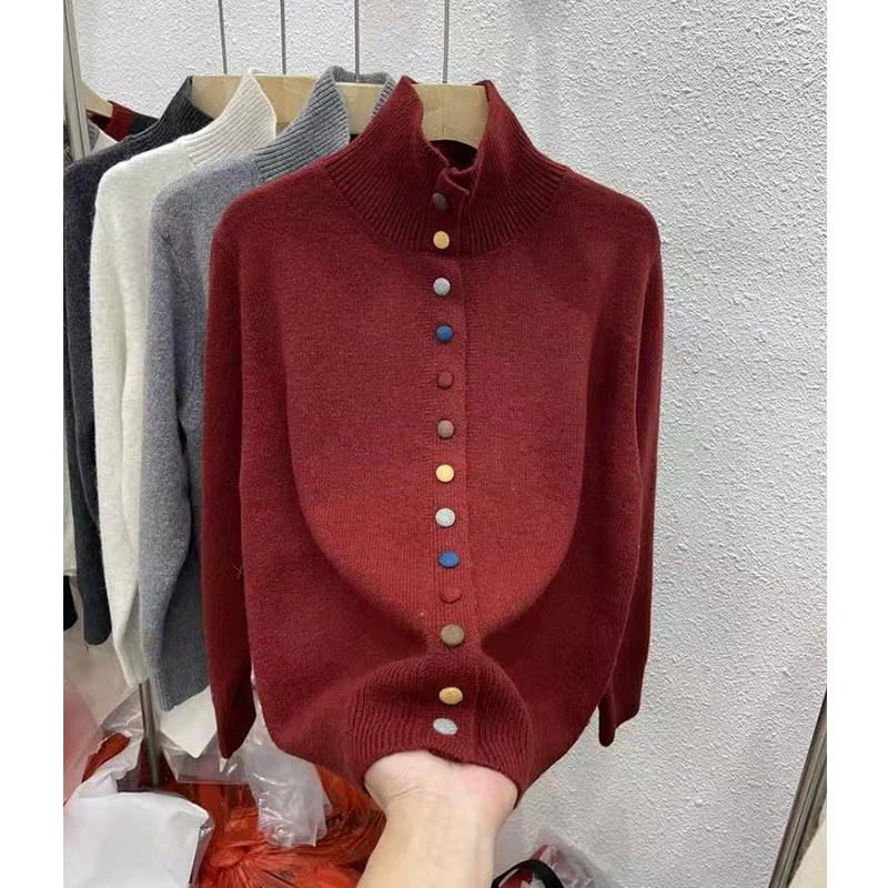 【彩色包扣】高领慵懒风时尚百搭韩版针织开衫女毛衣