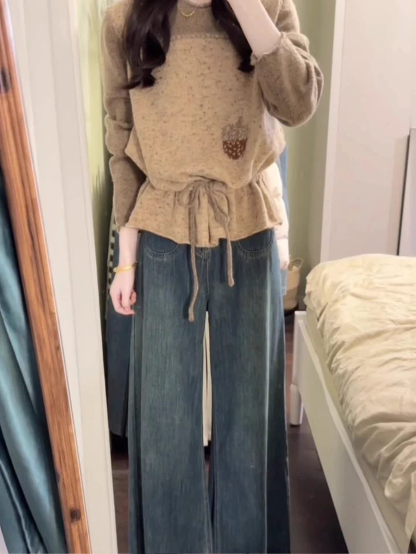 加绒加厚深蓝色阔腿牛仔裤女秋冬新款大码胖mm高腰显瘦宽松拖地裤