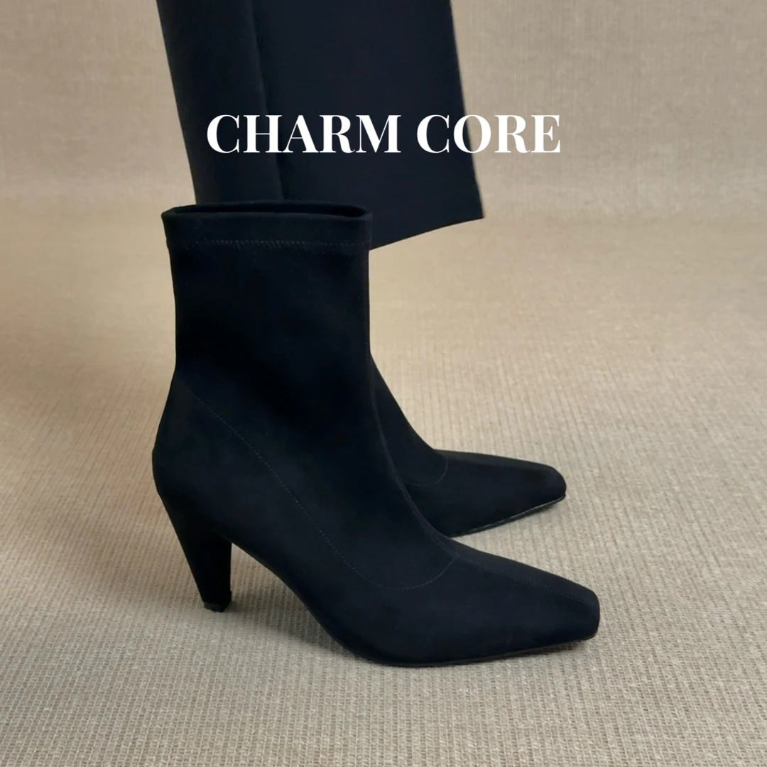 CHARM CORE大码女鞋33-40跟高8cm短靴女粗跟极简百搭洋气瘦瘦靴子