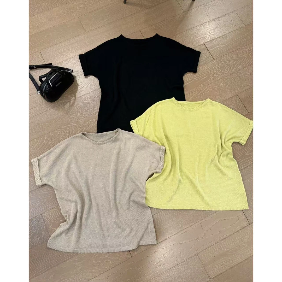 小静静一会【翻边针织上衣】2025夏款纯色显瘦针织衫 2504C2338