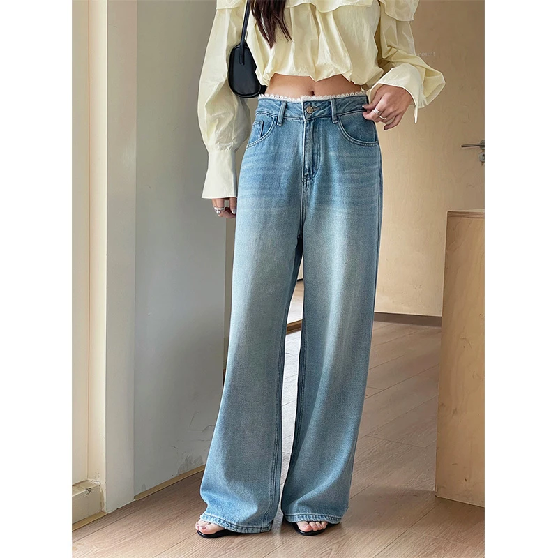 设计感高腰拼接牛仔裤女做旧磨白夏季流行韩系时尚气质拖地裤