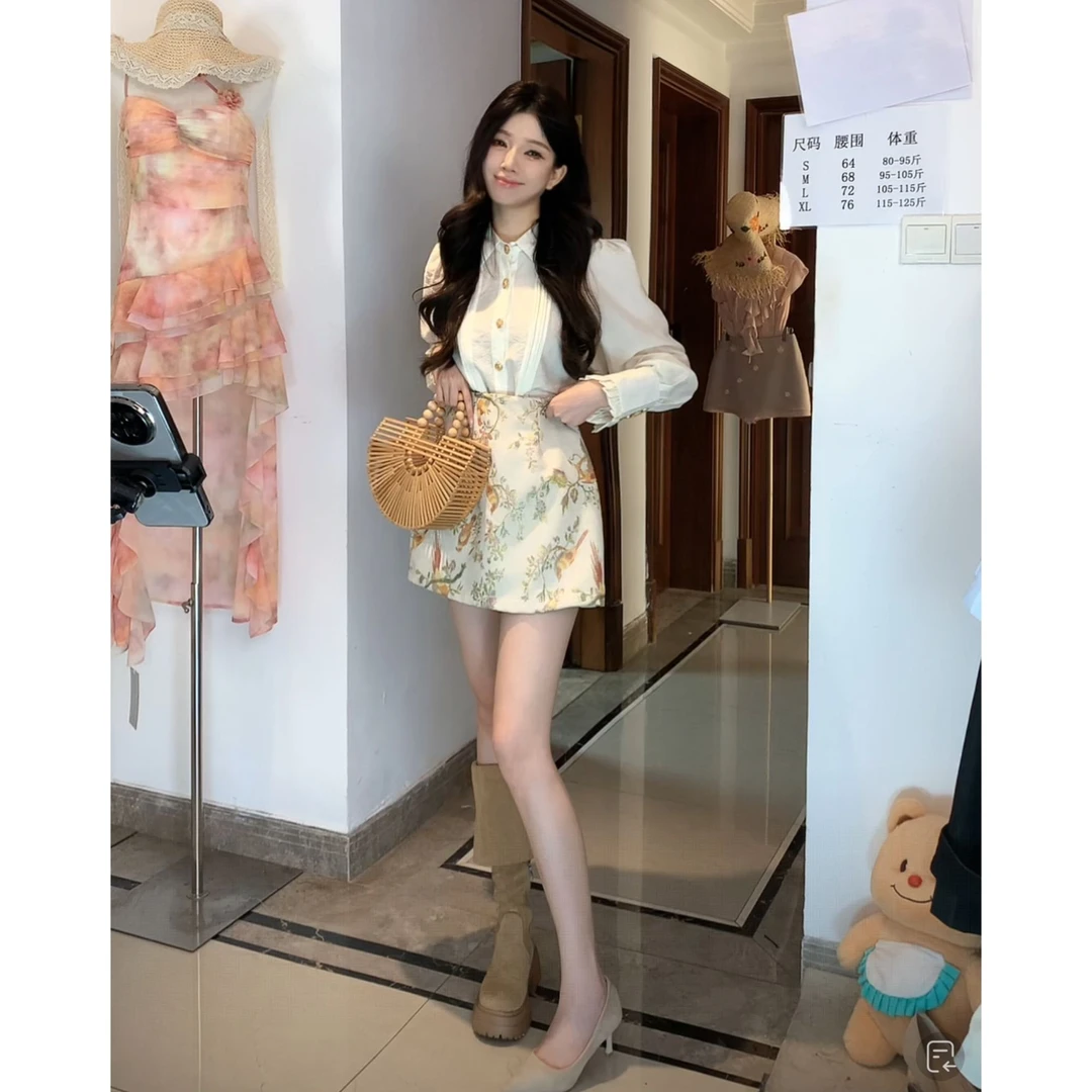 春季女款法式宫廷甜美泡泡袖长袖衬衫女短裙上衣提花半裙