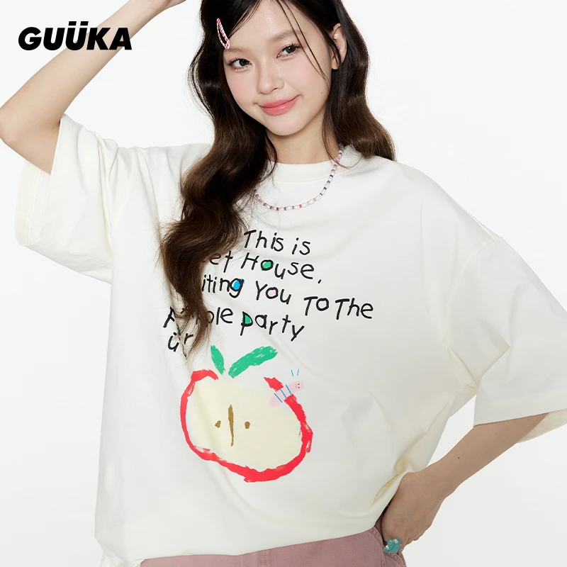 Guuka/古由卡潮牌白色苹果圆领短袖T恤男纯棉字母印花落肩F6535