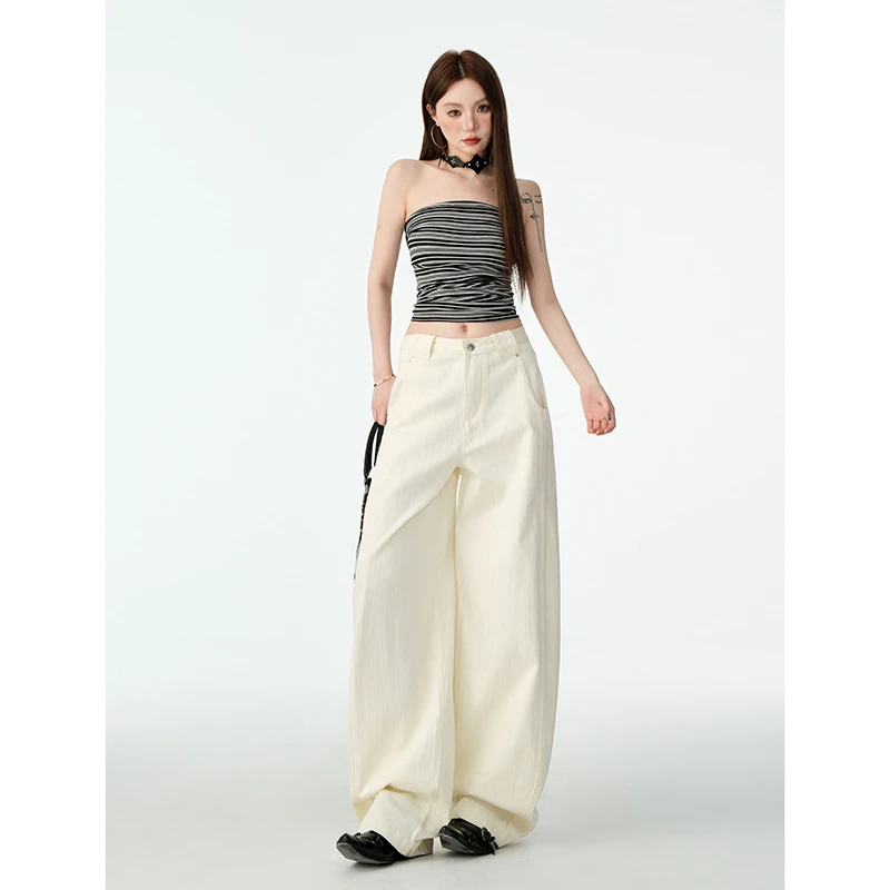 NORNLGGER杏色宽松弯刀牛仔裤女春夏2025新款显瘦高腰宽松阔腿裤