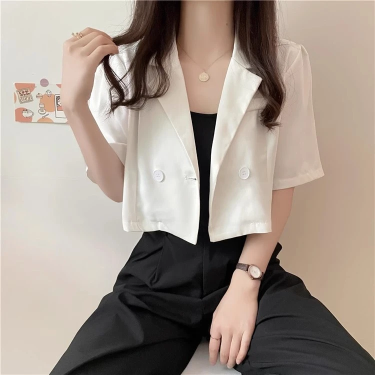 韩版高腰薄款洋气小西服夏季2025新款宽松露脐短款半袖上衣女外套