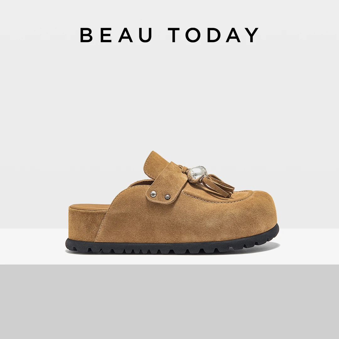 BeauToday厚底增高勃肯鞋女2025新款春季真皮穆勒鞋半拖包头女鞋