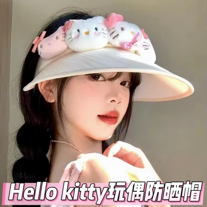【送防风绳】 可爱kitty猫空顶防晒帽女新款夏季防紫外线遮阳帽