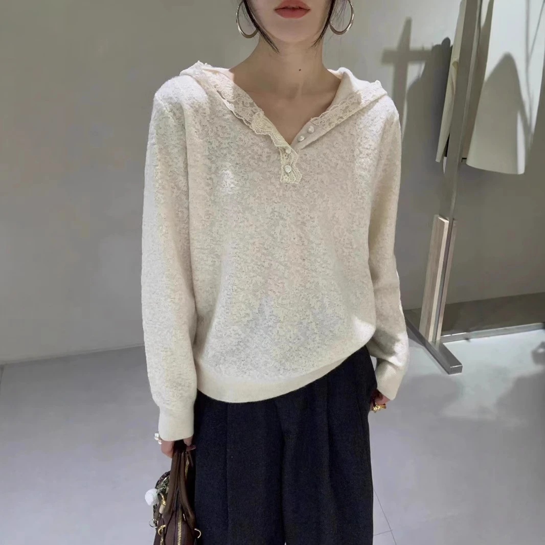 连帽钩花潮流蕾丝拼接毛衣女宽松慵懒风外穿秋冬新款长袖针织衫
