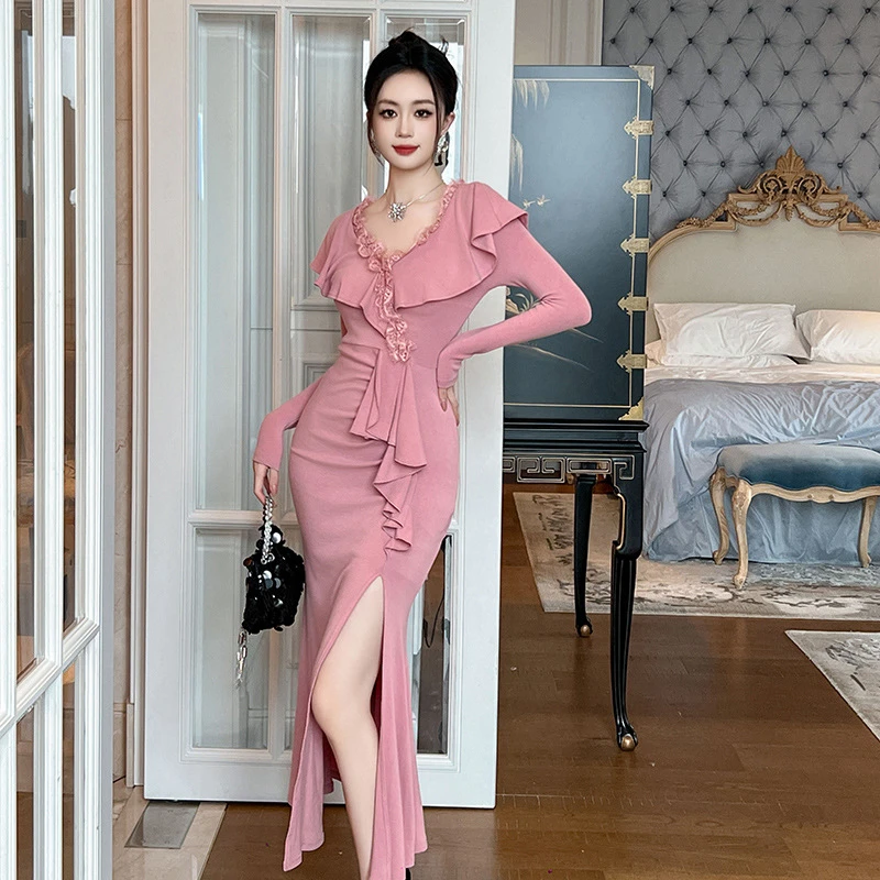 20921夏季秋装新款甜美设计感V领荷叶边显瘦鱼尾连衣裙长裙裙子女