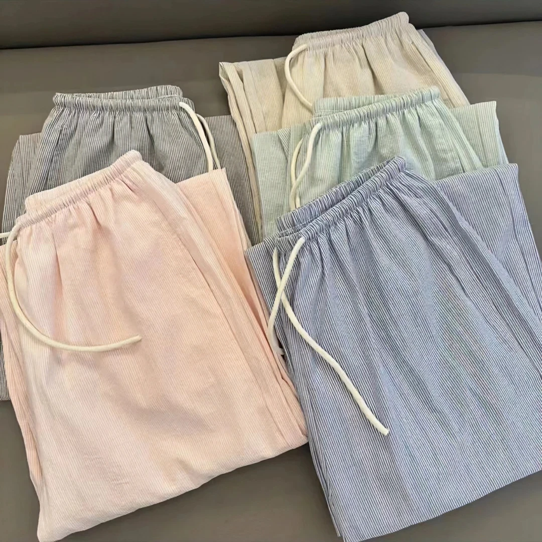 蓝色柳条棉麻裤女夏季薄款2025高腰垂感休闲直筒小个子阔腿裤