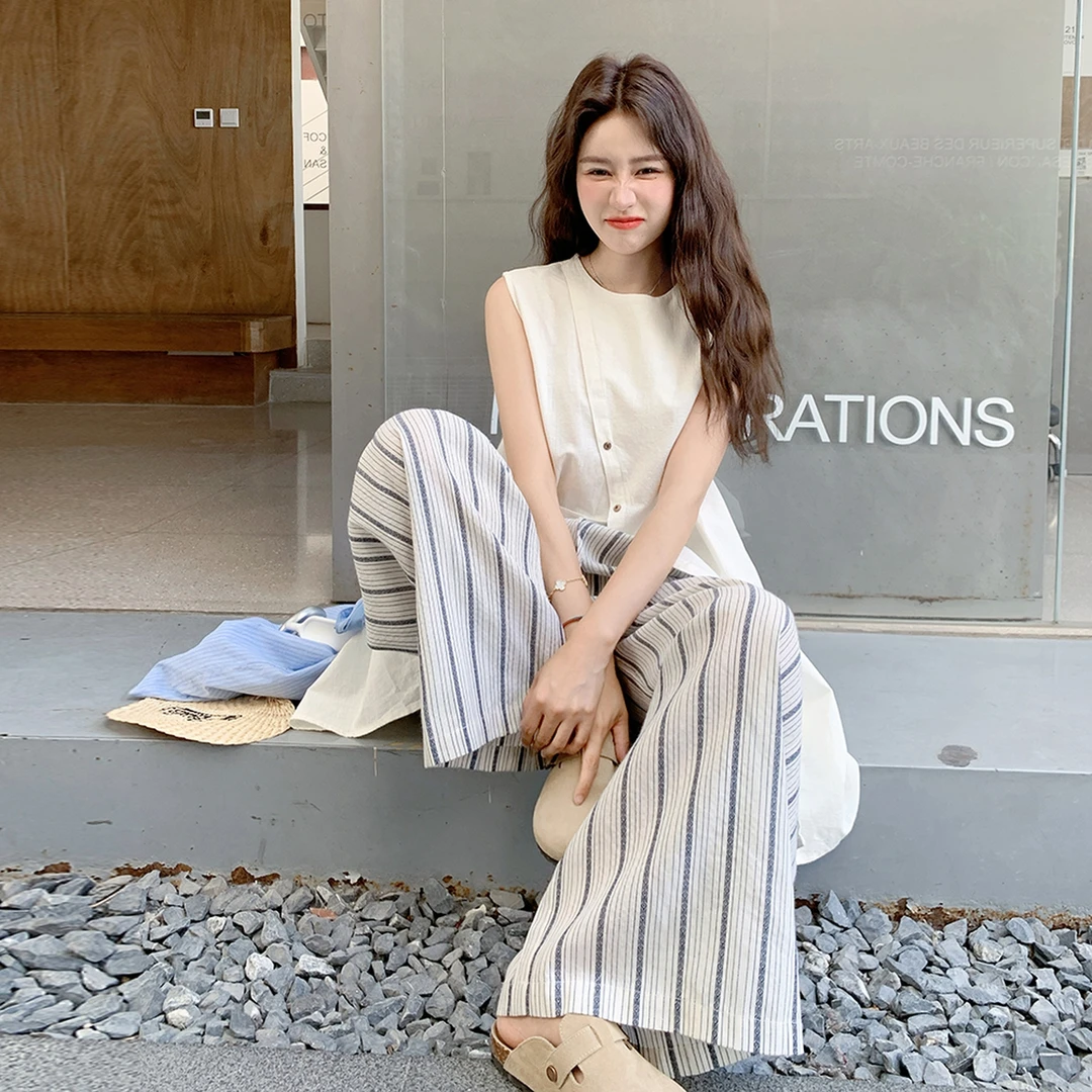 韩系慵懒松弛感夏日穿搭套装女2025新款无袖上衣条纹阔腿裤两件套