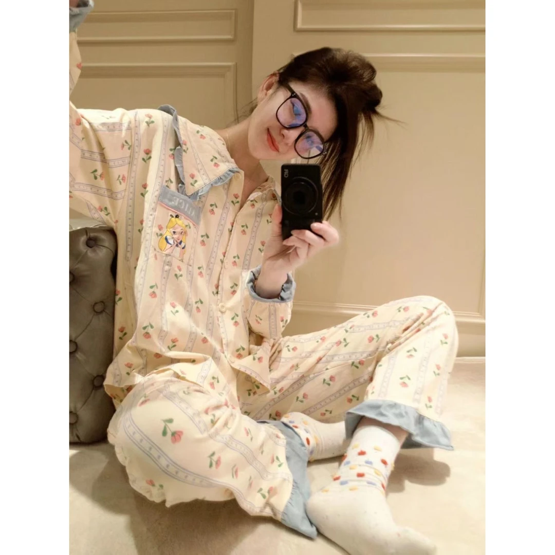 韩版睡衣女士秋冬季印花长袖长裤睡衣公主可外穿甜美家居服套装