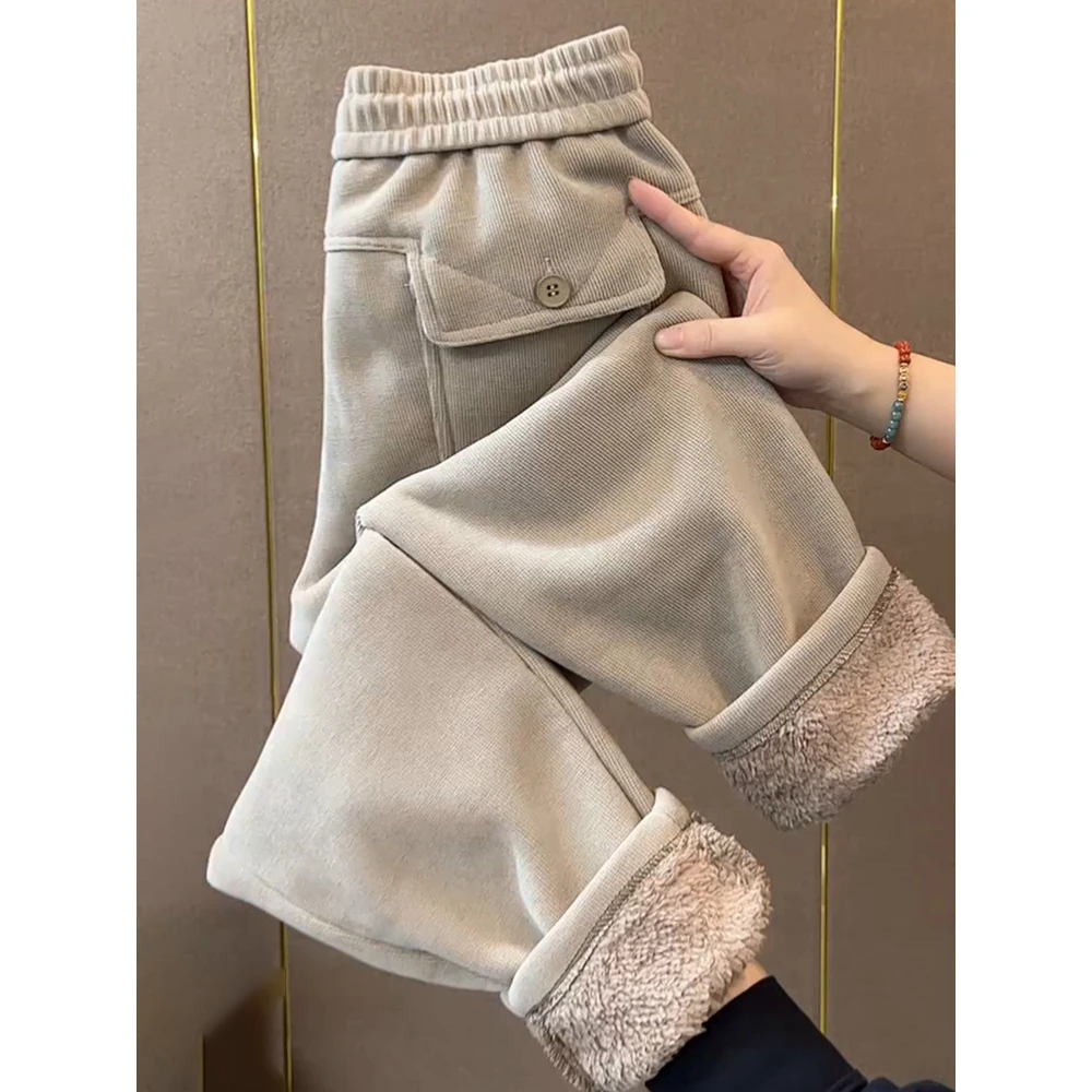 2025年冬季新款加绒加厚条纹裤女复古时尚长线绒哈伦裤弹力九分裤