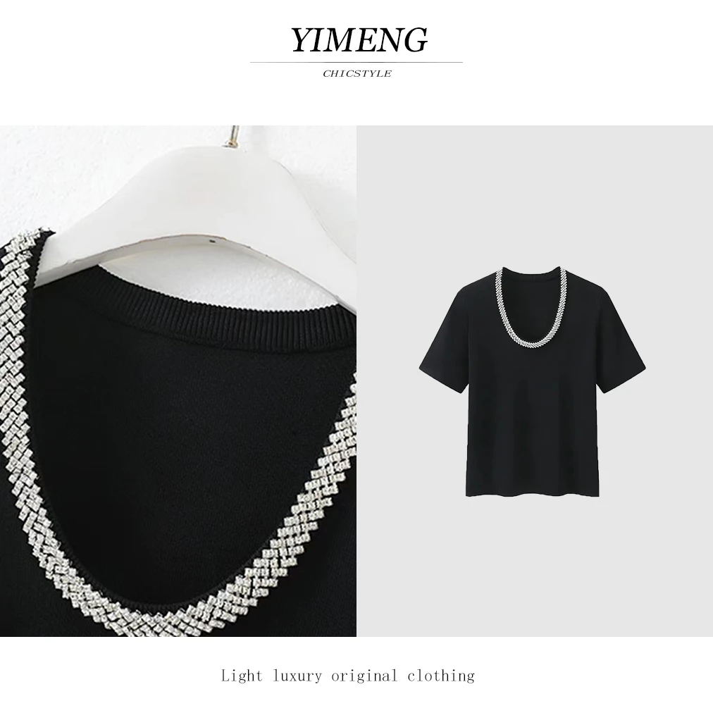 YIMENG/逸梦 【魅力经典】 韩系重工 气质时尚钉珠针织U领短袖T恤