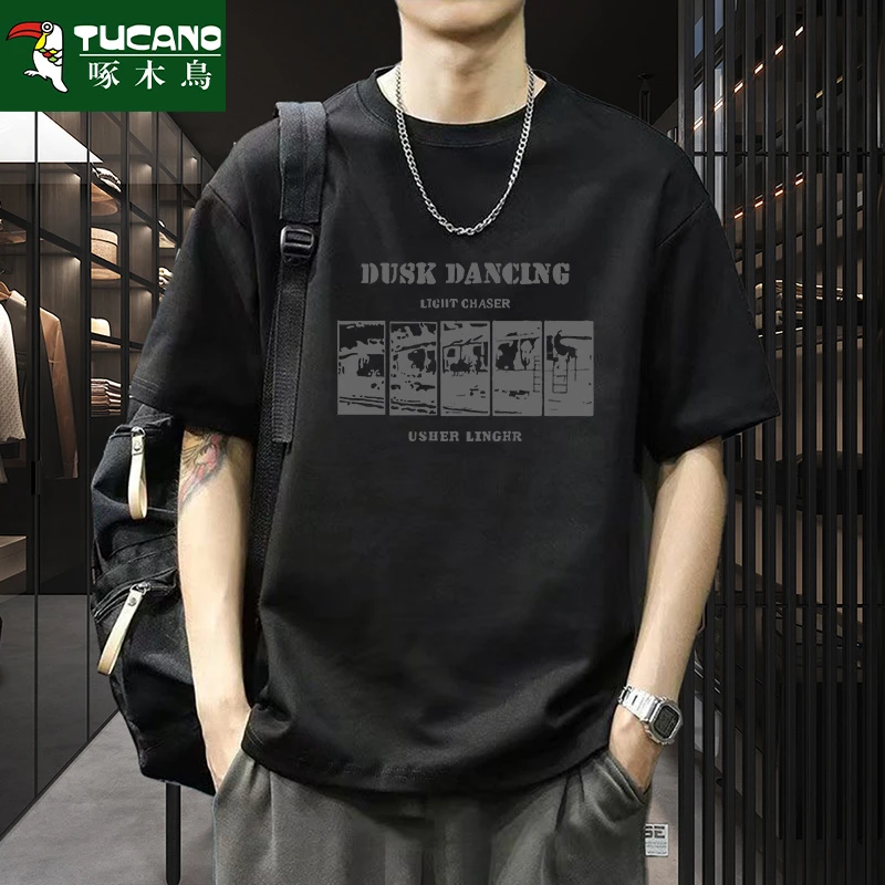 啄木鸟短袖T恤男装纯色美式复古纯棉男士宽松印花打底衫半袖夏季