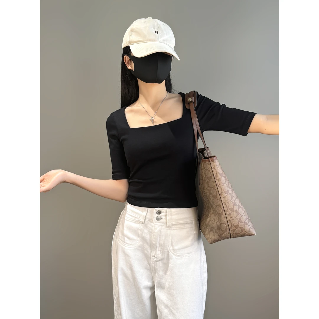 早春中袖通勤法式方领T恤女小众显瘦紧身修身内搭五分袖半袖上衣
