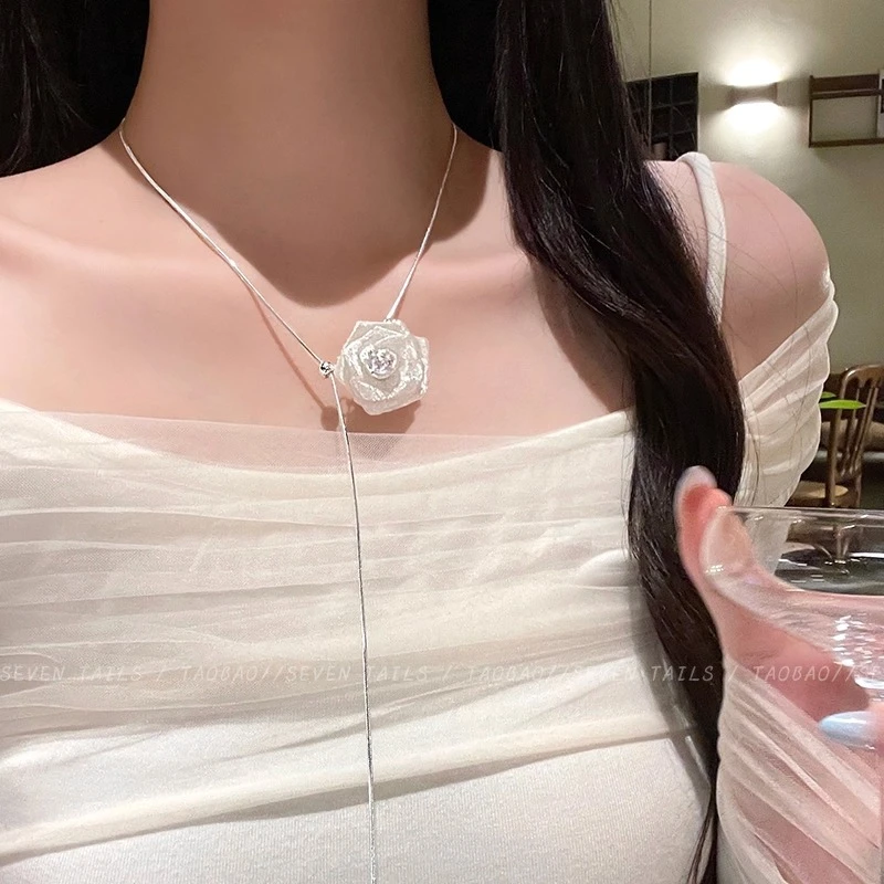 铜合金项链 超仙网纱玫瑰花项链女可抽拉调节锁骨链轻奢颈链