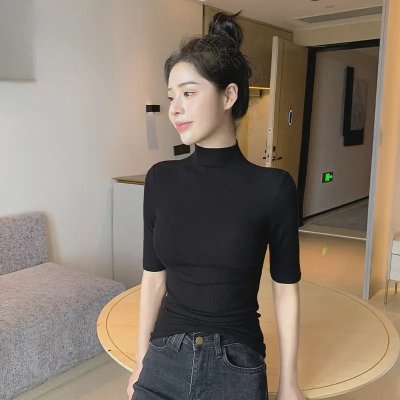 浪莎黑色半高领螺纹中袖五分袖t恤女2025早秋修身百搭时尚打底衫