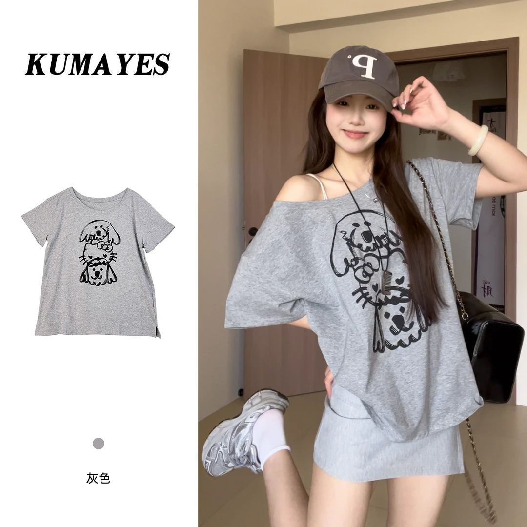 KUMAYES韩系小狗猫咪印花宽松休闲露肩短袖T恤女夏季显瘦圆领上衣