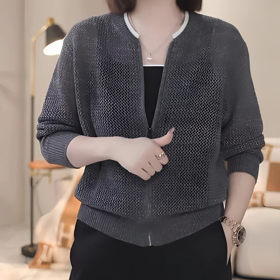 亮丝线镂空网眼拉链针织开衫女2025春季高级感短款外套洋气衣服女