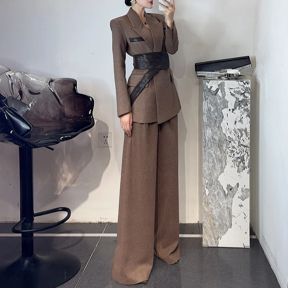 高级感职业装2025秋季新款西服直筒裤配腰带三件套休闲复古西装