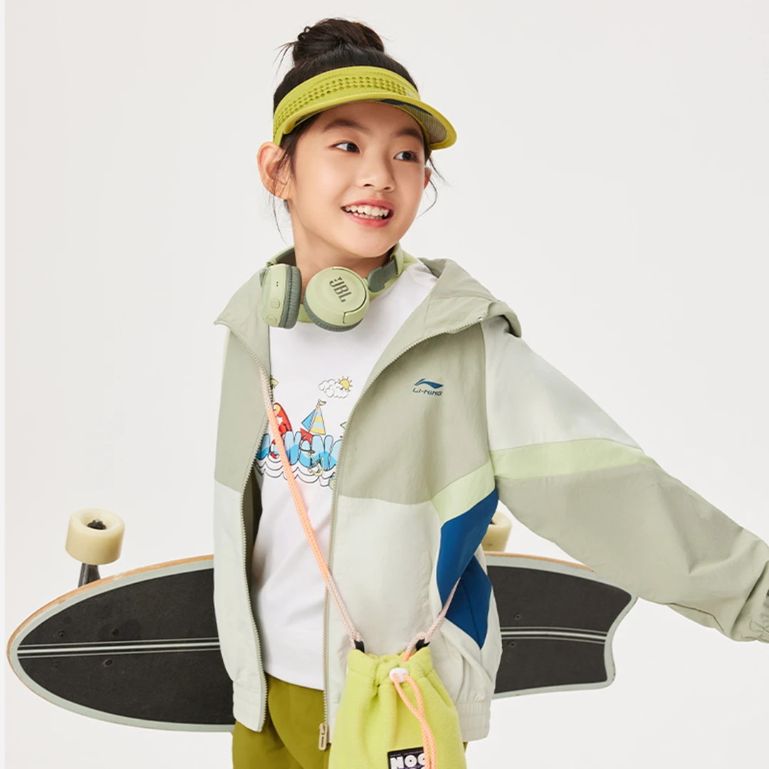 【活力撞色】李宁童装连帽运动风衣男女潮酷学院风运动外套YFDV181