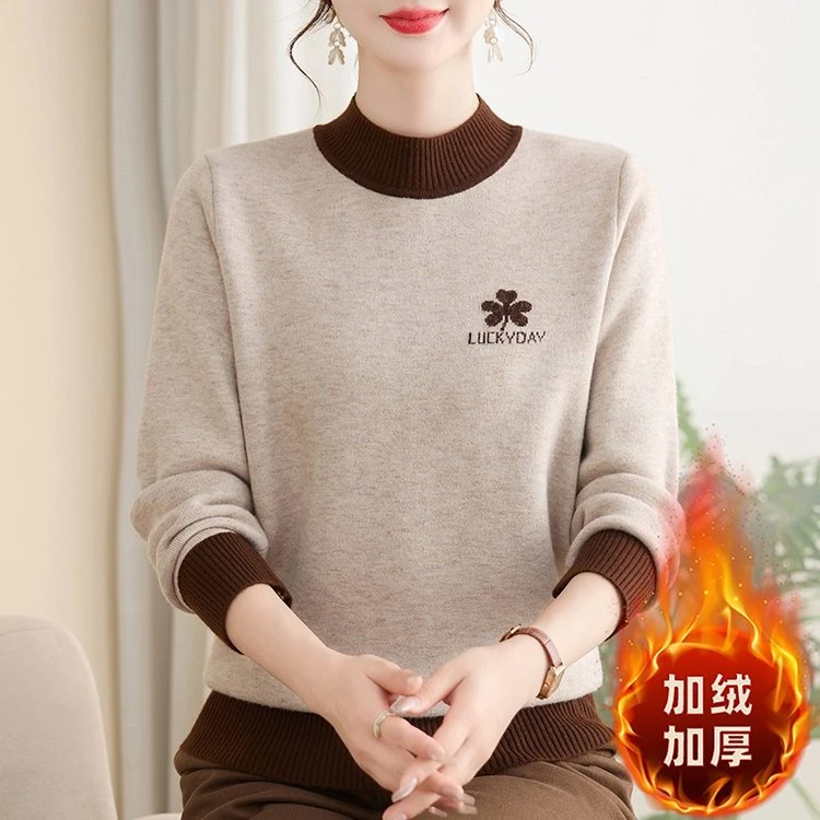 中老年女士秋冬加绒加厚半高领毛衣宽松大码内搭针织衫舒适保暖打