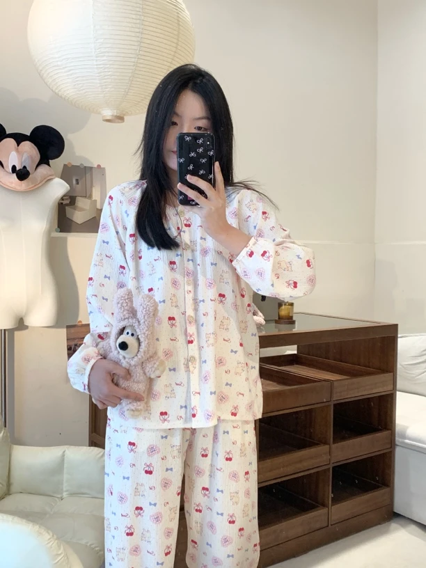 【樱桃小猫】韩版甜美ins小猫咪印花睡衣女套装春秋长袖学生家居服