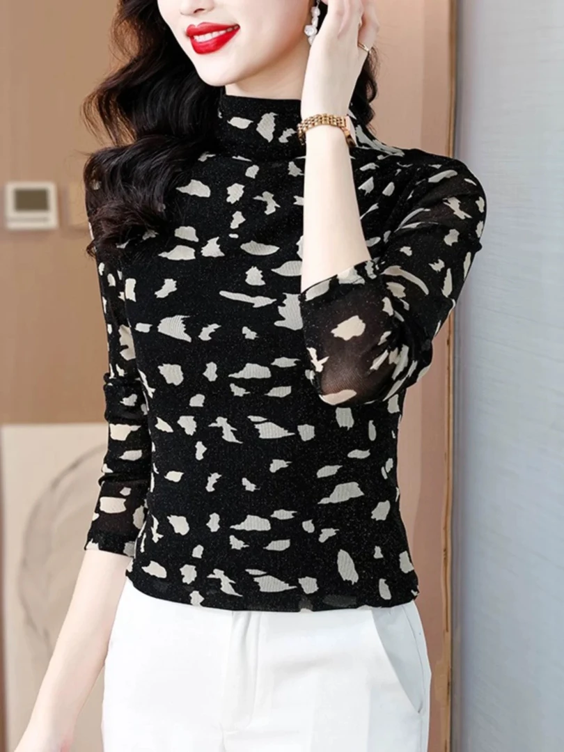 打底秋冬新款洋气爆款时尚修身高领保暖印花上衣加绒加厚打底衫