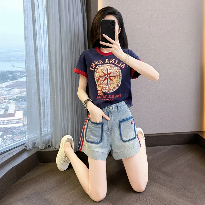 休闲套装女两件套短袖牛仔洋气时尚夏季减龄宽松高腰小个子显瘦