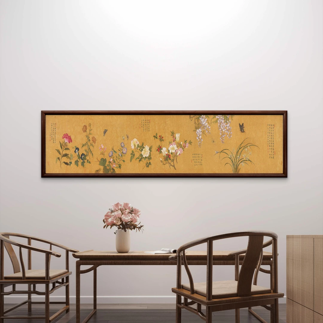 9828-40*150花鸟图中式实木框办公室玄关书房茶室客厅挂画