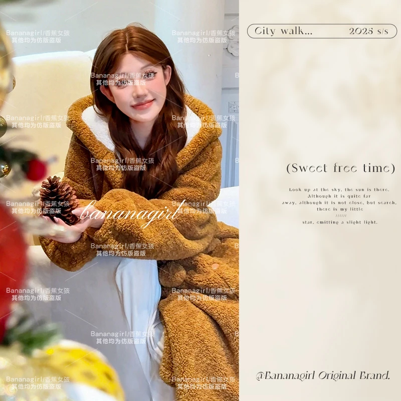Bananagirl【秋川溪谷】睡衣冬长款连帽睡袍循环蓄温家居服可外穿