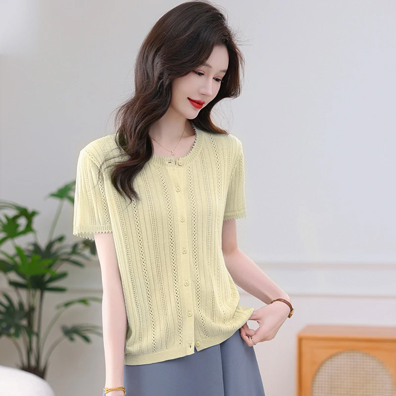 2025夏季镂空莱赛尔针织衫开衫上衣女外套气质显瘦短袖薄款外搭