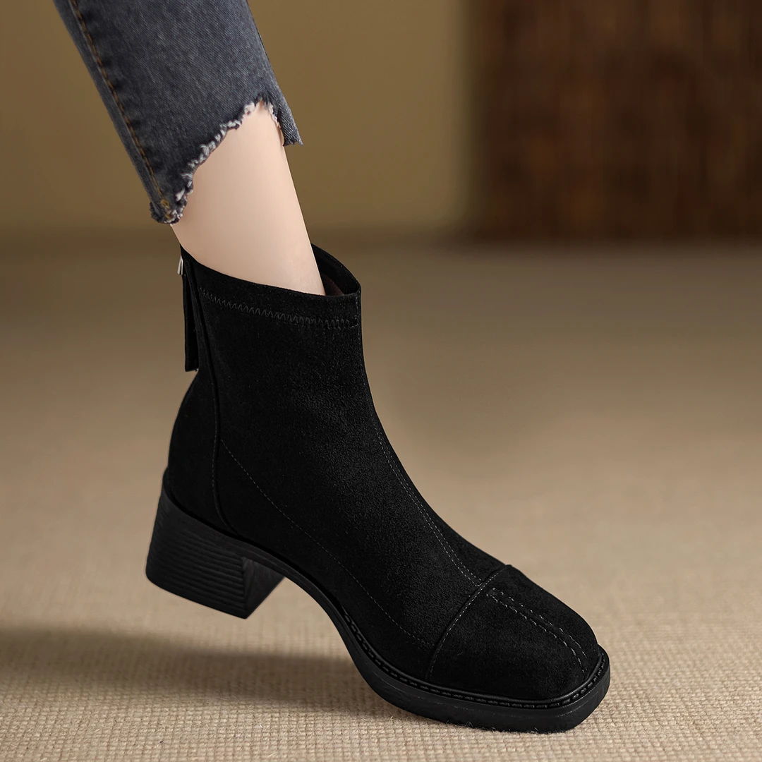 不累脚手工女鞋5cm~复古瘦瘦靴简约时装靴冬季新款百搭舒适短靴女