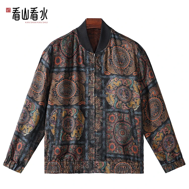 【看山看水】99722红云纱男装桑蚕丝提花缎棒球服外套新中式上衣