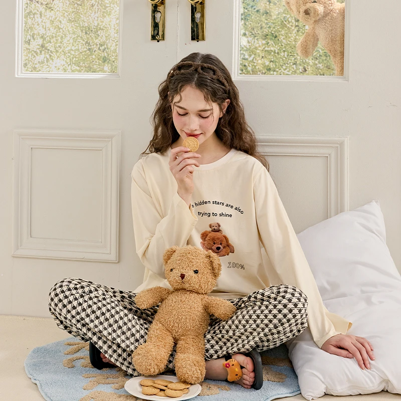 芬腾女士长袖睡衣春秋季圆领套装女款可爱休闲大码全棉家居服