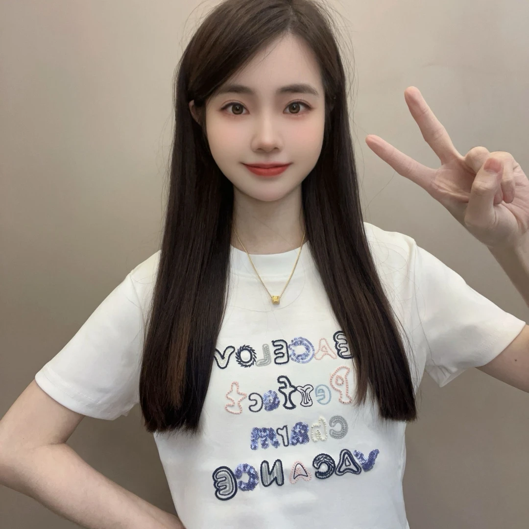 刺绣 2025夏季新款圆领短袖T恤百搭显瘦上衣女时尚休闲