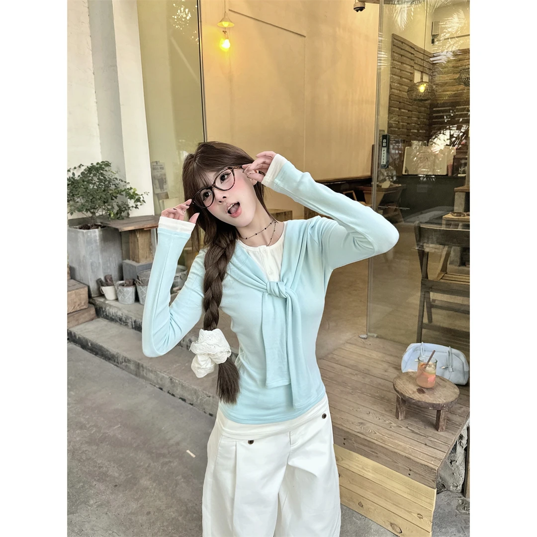 YWBY早秋新款爆款假两件长袖t恤女拼接撞色韩系修身显瘦短款上衣