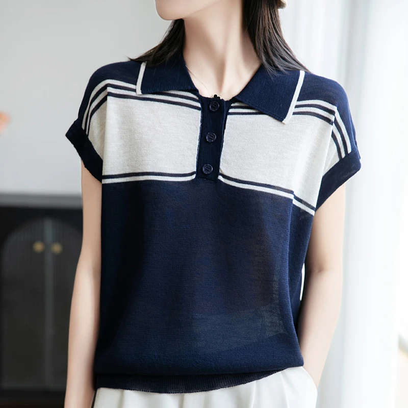 哥弟阿玛施正品夏季新款撞色POLO领小飞袖针织小衫女洋气显瘦短袖