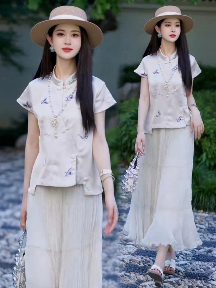 新中式国风套装裙女2025夏新款时髦洋气盘扣短袖上衣半身裙两件套