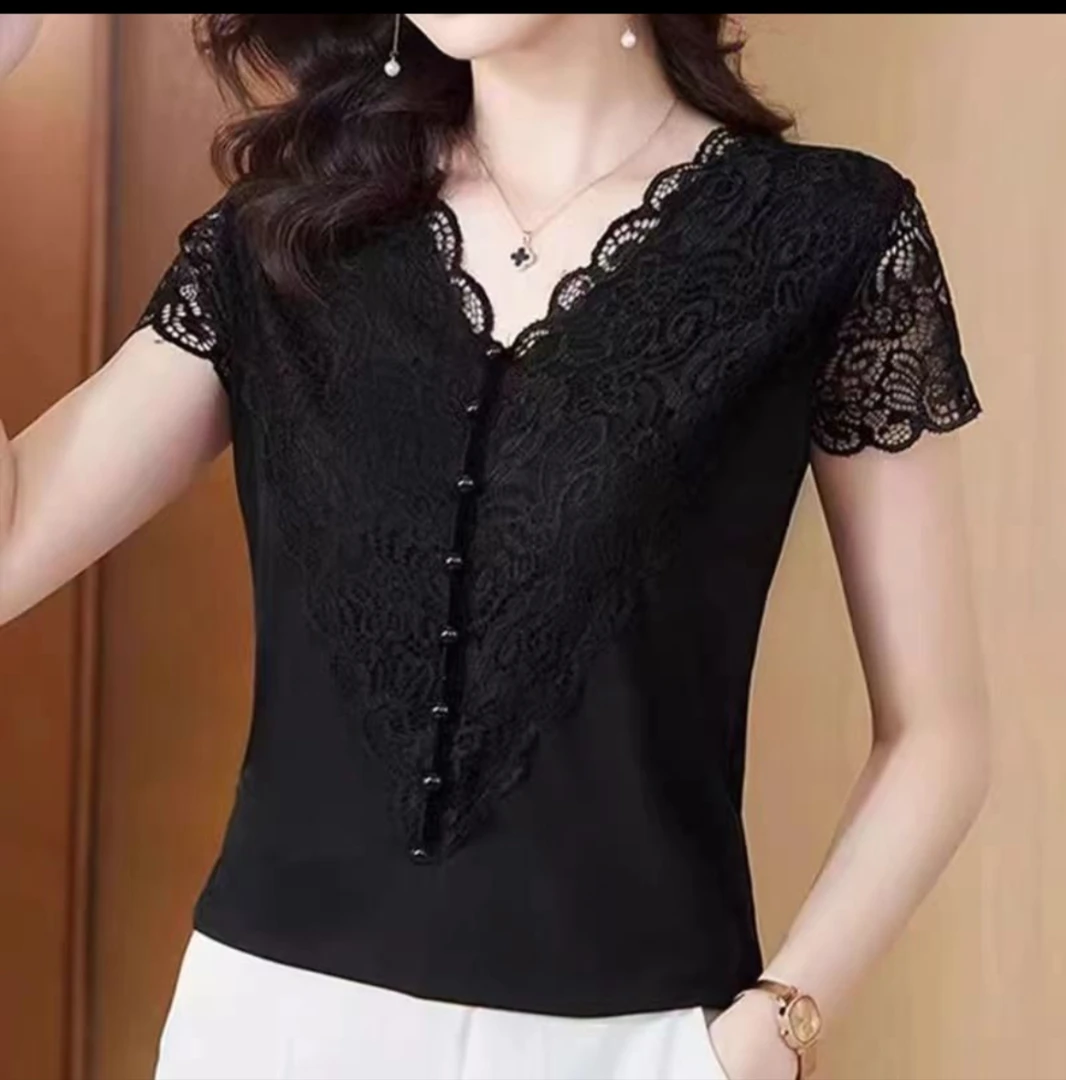 批发七扣蕾丝V领短袖2025新款爆款时尚气质高档洋气上衣女
