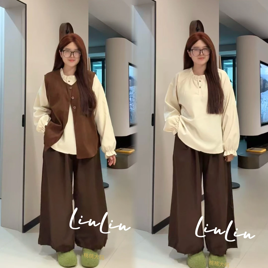 秋季新款复古马甲叠穿大码衬衫通勤高腰阔腿裤套装