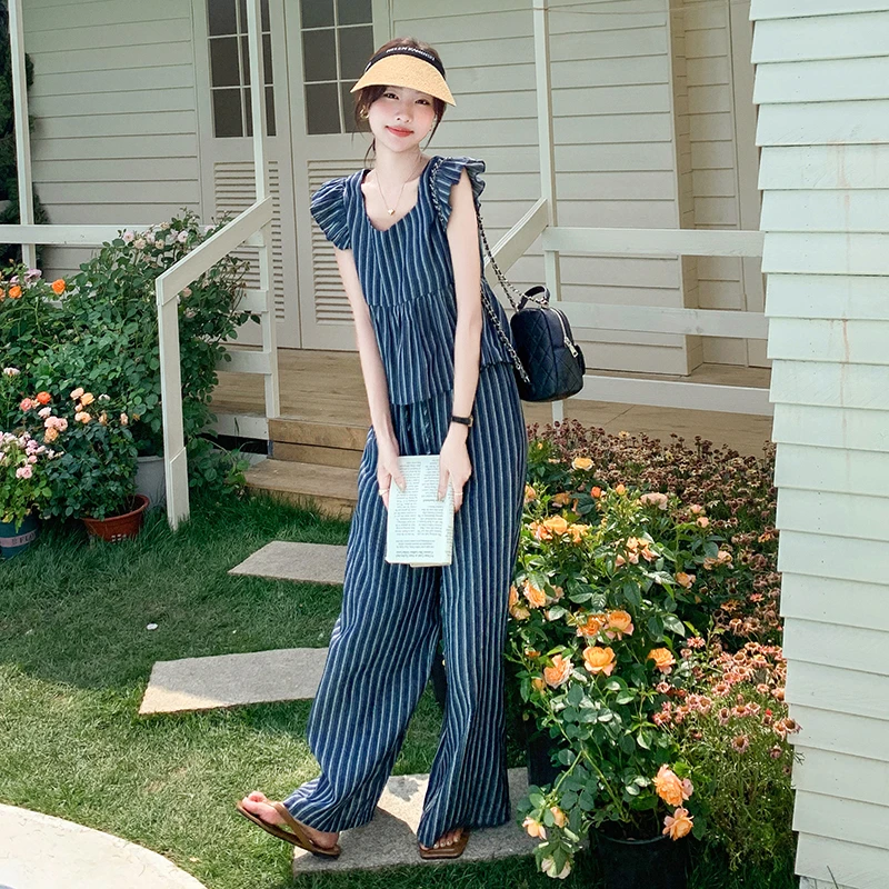 一整套ootd穿搭减龄大方得体穿搭条纹雪纺衫阔腿裤两件套休闲套装