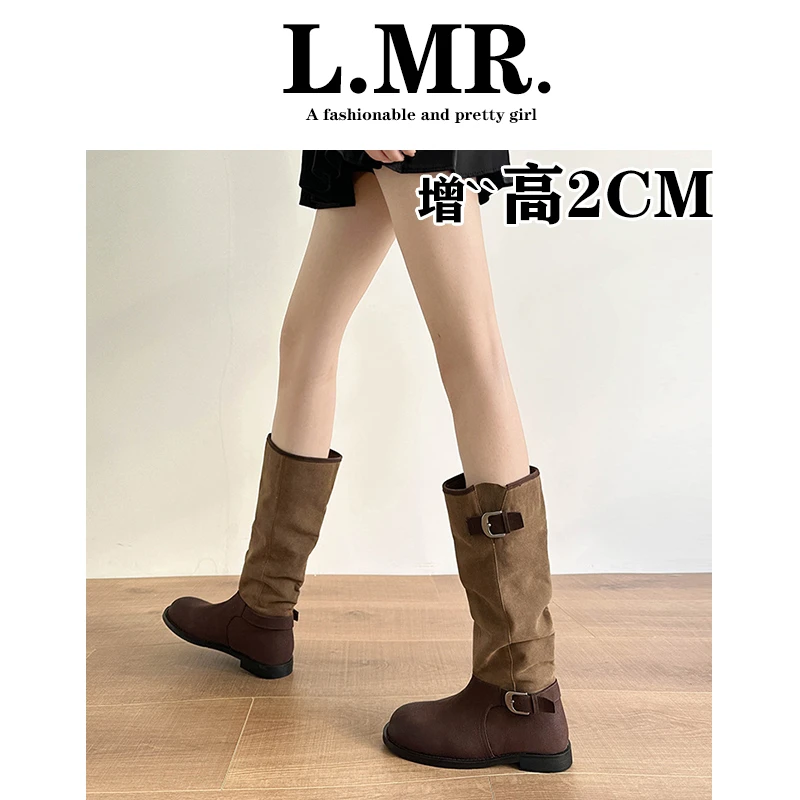 长筒拼接堆堆靴麂皮圆头中筒靴子春秋新款两穿骑士靴子女