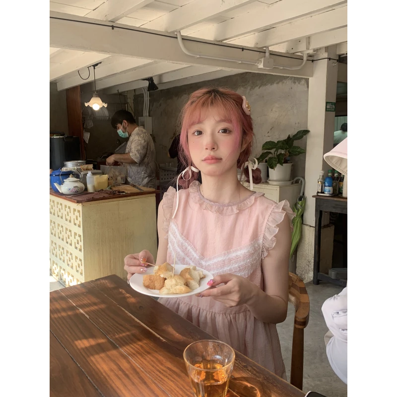 霍里德地图 夏季人鱼姬粉色背心裙高腰拼接套头连衣裙甜美短裙女
