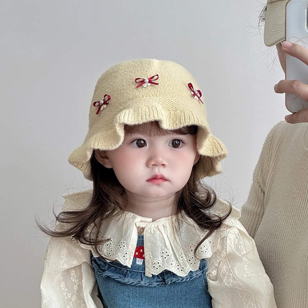 女宝宝帽子秋冬季可爱甜美蝴蝶结婴儿毛线帽保暖渔夫帽女童公主帽