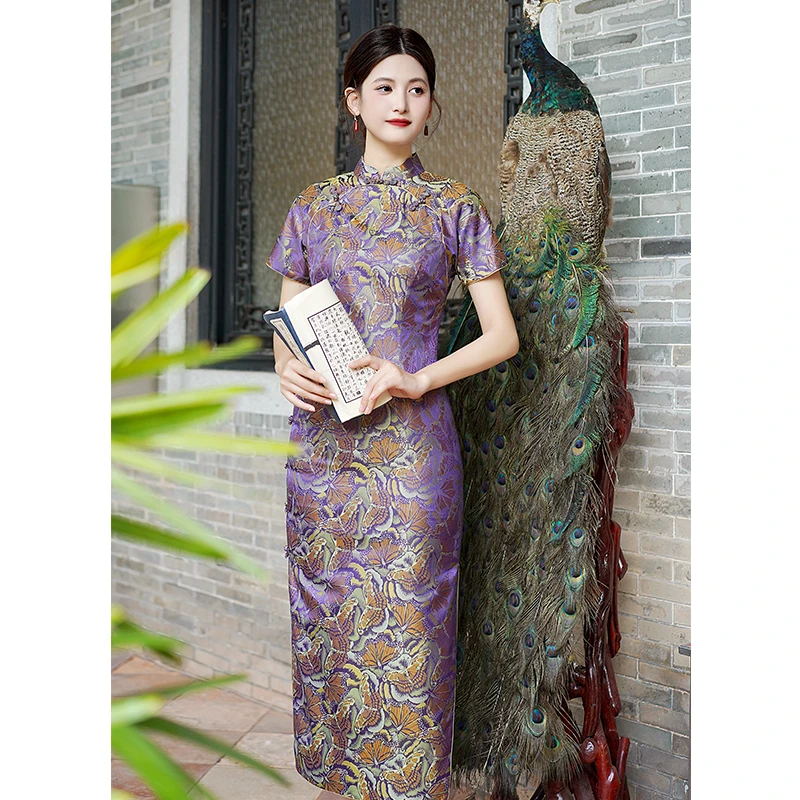 【七彩蝴蝶】桑蚕丝宋锦秋季新款日常气质优雅中式短袖旗袍